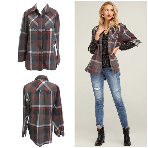 Cabi Tavern Shirt Jacket Shacket Fringe Collar Grey Plaid 4164 Size - Picture 9 of 9